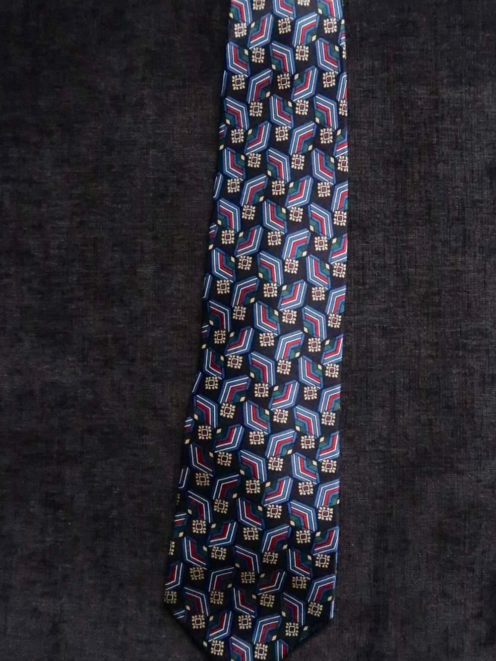 Oscar de la Renta Navy Tie with Red, White and Light Blue Geometric Motif
